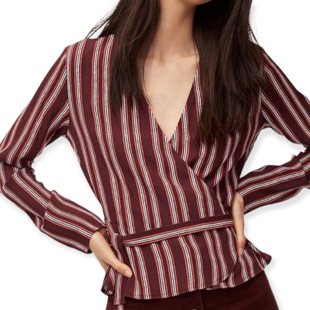 Aritzia Burgundy and White Vertical-Strip Wrap Blouse